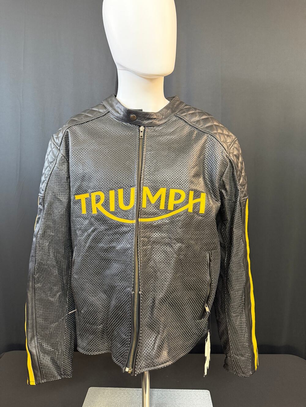 NWT Triumph Logo Leather Motorcycle Jacket XXL Armor Perforated Black Yellow